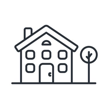 İki katlı ev ve ağaç. Vektör düz çizgi kontur simgesini.