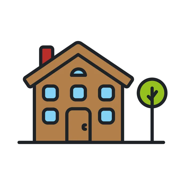 Zweistöckiges Haus Und Baum Vektor Flache Linie Strichsymbol — Stockvektor