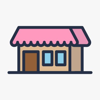 İzometrik mağaza Dükkanı bina cephe. Vektör düz çizgi kontur simgesini.