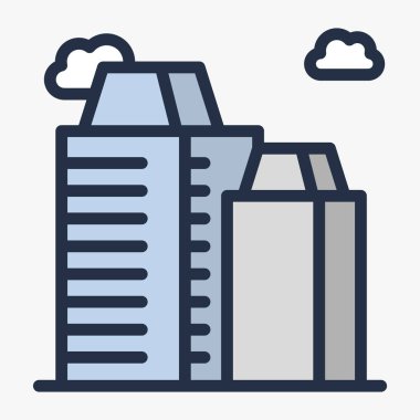 İzometrik gökdelen iş Bina bulutlar sokak manzaralı. Vektör düz çizgi kontur simgesini.