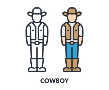 Batı kovboy karakter şapka Boots. Vektör düz çizgi kontur simgesini.