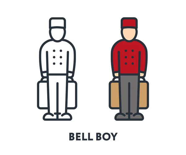 Carácter Bell Boy Uniforme Rojo Cap Holding Equipaje Hotel Servicio — Vector de stock