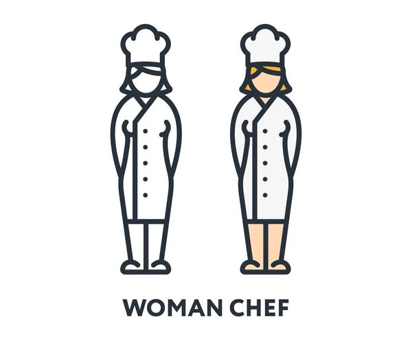 Mulher Chef Cook Character Chapéu Uniforme Linha Plana Vetor Ícone — Vetor de Stock