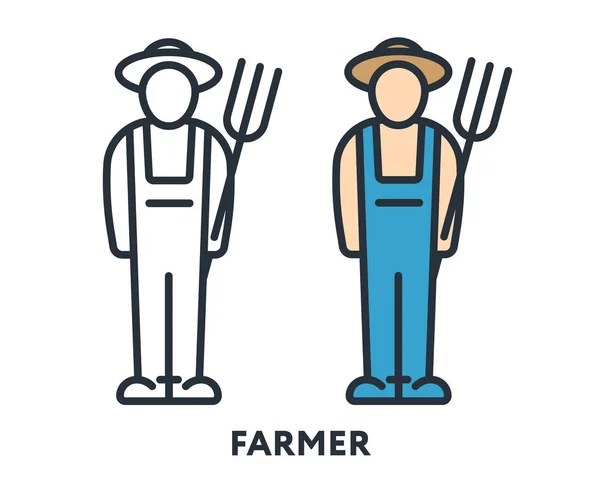 Farmer Gardener Holding Pitchfork Carácter Vector Línea Plana Icono Trazo — Vector de stock