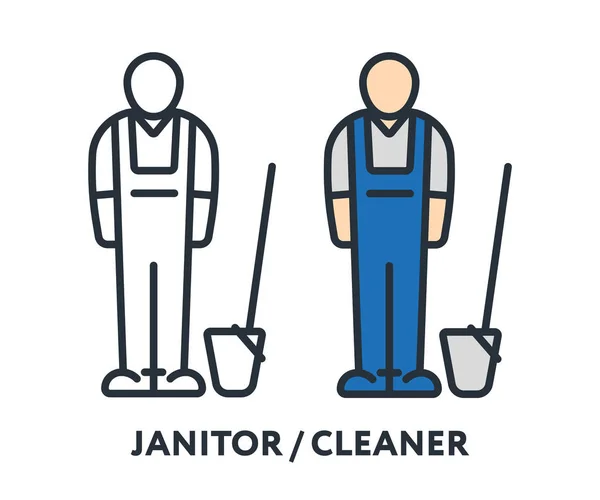 Janitor Cleaner Character Uniform Broom Mop Bucket Vector Flat Line — Stock Vector