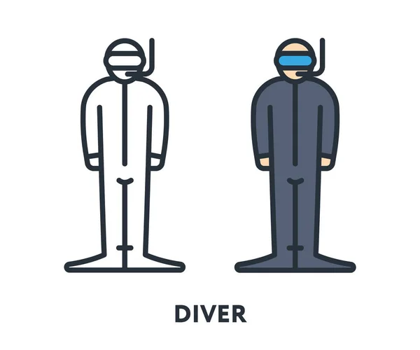Scuba Diver Wetsuit Masker Vector Platte Lijn Beroerte Pictogram — Stockvector