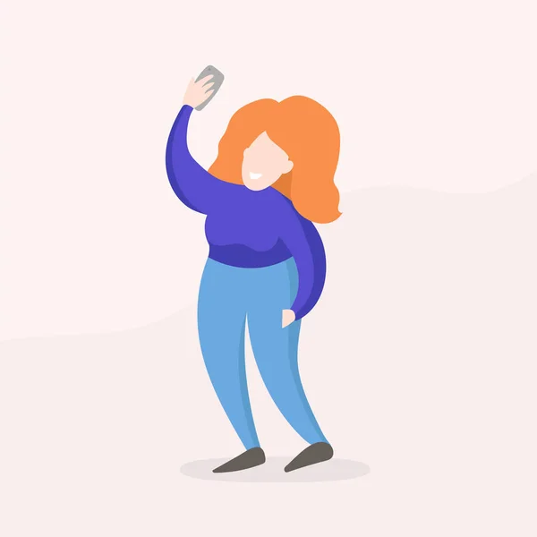 Red Hair Woman Girl Making Selfie Photo on Smartphone. Flat Vector Character Cartoon Happy Trendy Hipster.