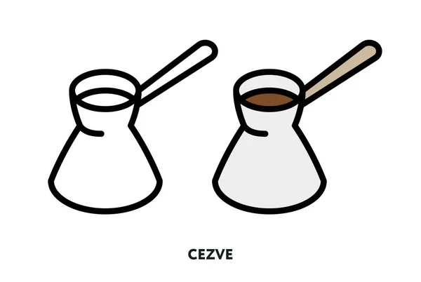 Isométrico Cezve Taza Café Turco Vector Línea Plana Icono Trazo — Vector de stock