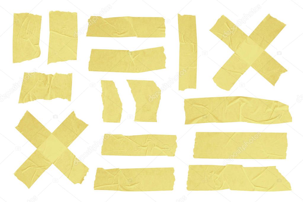 Adhesive Isolated Yellow Scotch Sticky Tape Pieces. Torn Paper Elements Set on a White Background.