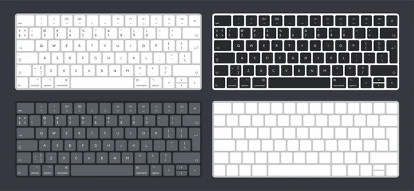 Modern Bilgisayar Masaüstü Laptop Klavye Tuş Takımı Düğmeleri Vektör Seti. Mektup ve Semboller. Siyah, Alüminyum, Gri ve Beyaz Versiyon.