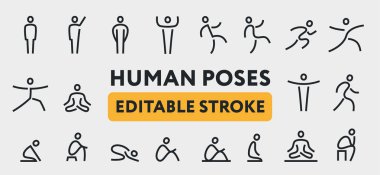 İnsan Vücudu Pozlar. Çizgi Simgeleri Ayarlayın. Pozisyonlar, Yoga, Meditasyon, Ayakta, El Sallayarak, Yürüme, Oturma, Koşma, Atlama, Dua, Germe. Kullanılabilir Vuruş.
