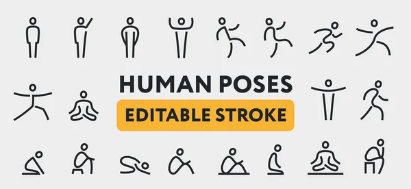 Cuerpo Del Hombre Humano Posa Conjunto Iconos Línea Posiciones Yoga — Vector de stock