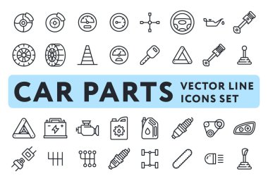Araba Parçaları Garaj Vektör Hattı Simgeleri Ayarlayın. Fren Diski, Hız Ölçer, Direksiyon Simidi, Anahtar, Motor Yağı, Lastik, Motor, Uyarı Üçgeni, Piston.