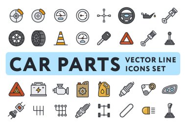 Araba Parçaları Garaj Vektör Renk Hattı Simgeleri Ayarlayın. Fren Diski, Hız Ölçer, Direksiyon Simidi, Anahtar, Motor Yağı, Lastik, Motor, Uyarı Üçgeni, Piston.