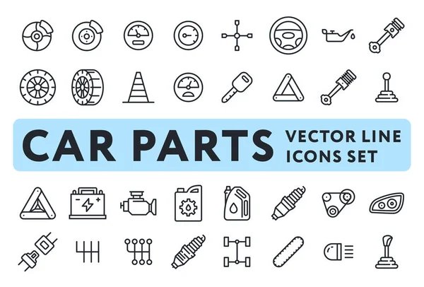 Autoteile Garage Vektor Line Icons Gesetzt Bremsscheibe Tacho Lenkrad Schraubenschlüssel — Stockvektor