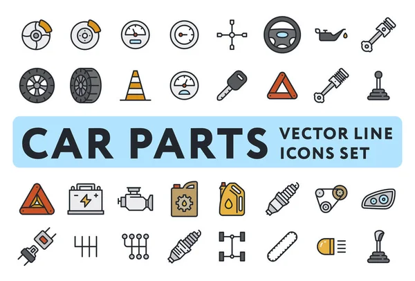Autoteile Garage Vektor Farbe Linie Symbole Gesetzt Bremsscheibe Tacho Lenkrad — Stockvektor