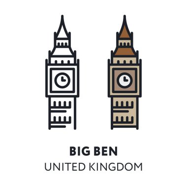 Big Ben Saatler Londra İngiltere Landmark Sight. Vektör Düz Çizgi Simgesi Çizimi.