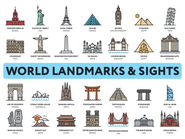International Landmarks and Sights of the World. Travel, Tourism, Sightseeing. Vector Color Flat Line Icon Illustrations Set. clipart