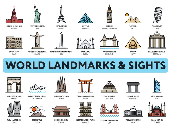 International Landmarks Sights World Voyages Tourisme Visites Touristiques Ensemble Illustrations — Image vectorielle