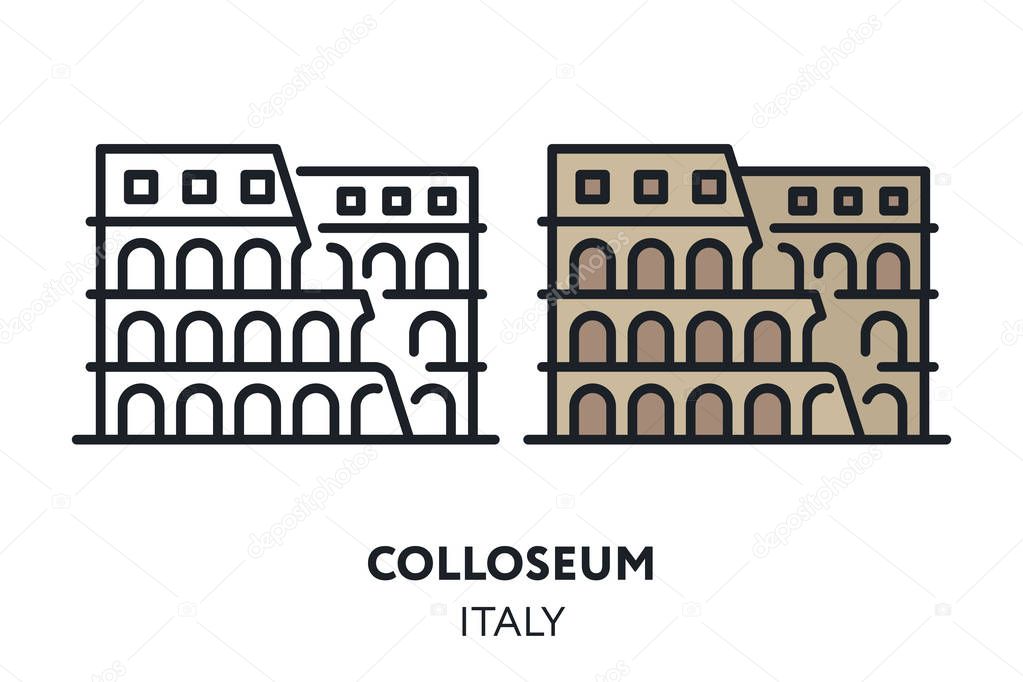 Colosseum Antique Building. Italy Rome Landmark Sight. Vector Flat Line Icon Illustration.