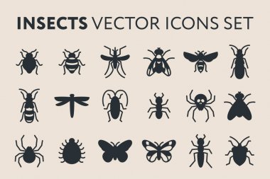 Böcek Vektör Düz Katı Glyph Simge İllüstrasyon Seti. Yatak Böceği, Sinek, Yusufçuk, Karınca, Hamamböceği, Hamamböceği, Sivrisinek, Termit, Örümcek, Kelebek, Arı, Eşek Arısı.