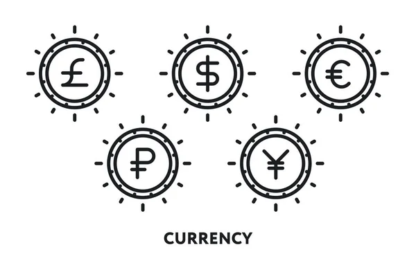 World Currency Symbols Shiny Coin Pound Dollar Ruble Euro Yuan — Stock Vector