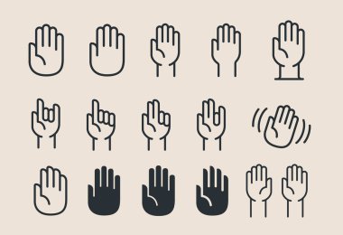 El Hareketi Vektör Düz Çizgi Simge Çizim Seti. Palm, Merhaba, Yüksek Beş, Dur, sallayarak, tebrik, sallayarak, rock, point finger, batı tarafı.