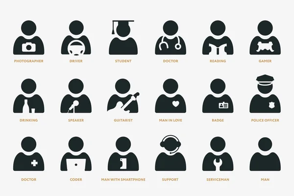 People Professions. Man User Person Icon Set. Photographer, Driver, Student, Doctor, Gamer, Drinking, Bar, Speaker, Guitarist, Police Officer, Coder, Holding Smartphone, Serviceman.