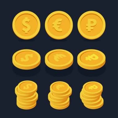 İzometrik Düz Para Para Yığını. Dolar, ruble, euro. Nakit Para Tasarruf Finans. 