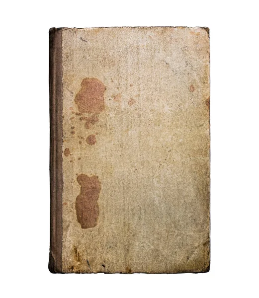 Eski antika nadir bulunan kitap kapağı beyaza izole edildi. Zarar görmüş, eski püskü, buruşuk kağıt karton bir doku. Ön Görünüm. 