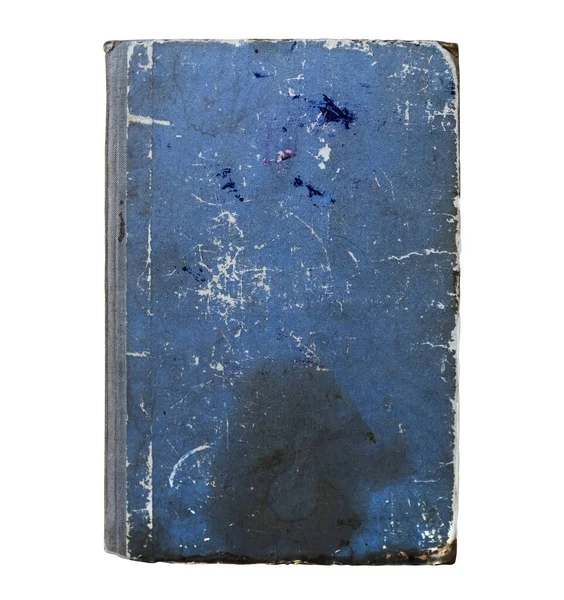 Old Vintage Antique Aged Rarity Blue Book Cover Isolated on White. Rough Damaged Shabby Scratched Wrinkled Paper Cardboard Texture. Front View.