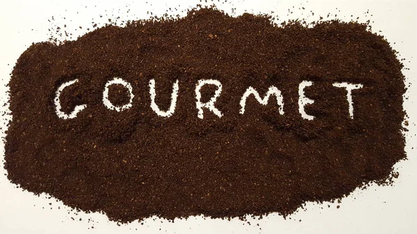 Gourmet Spelled Out Ground Coffee Café Grinds Café Gourmet — Fotografia de Stock