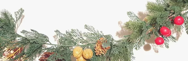 Merry Christmas Garland Nature Ornaments Happy Holidays Season Greetings Greenery — Stock Photo, Image