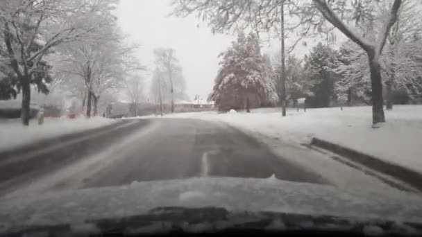 Driving Snowy Suburb Day Driver Point View Pov Winter Wonderland — Stock Video