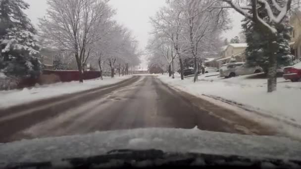 Driving Snowy Residential Suburb Street Day Driver Point View Pov — Stock Video