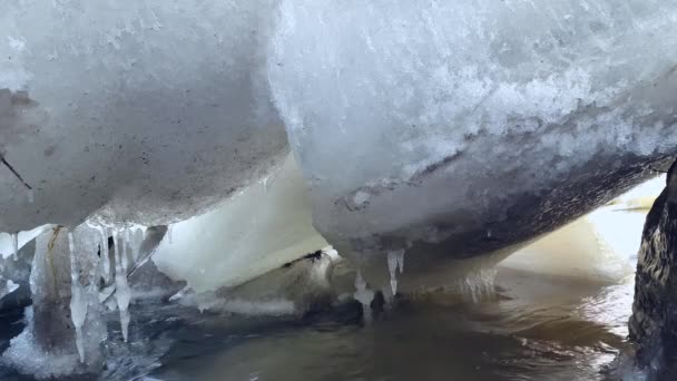 Agua Que Fluye Bajo Río Congelado Fluyendo Agua Del Río — Vídeo de stock