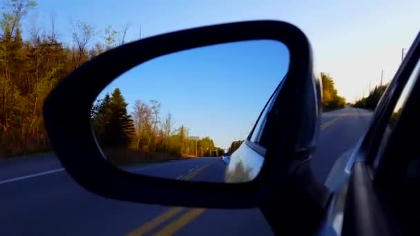 昼間のサイドミラーの田舎道の眺めを駆動します 美しいカントリーストリートに沿って下向きのサイドビューミラーを見下ろすドライバーの視点Pov — ストック動画