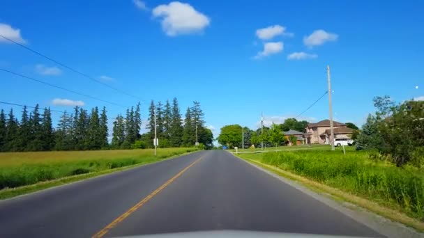 明るい夏の日に住宅に沿って田舎道を運転 ドライバーの視点ポヴ美しい郊外の家ライニング田舎の通り — ストック動画