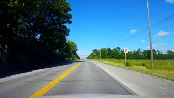 明るい夏の日に田舎を運転 美しい日当たりの良い田舎道に沿ってビューポブのドライバーポイント — ストック動画