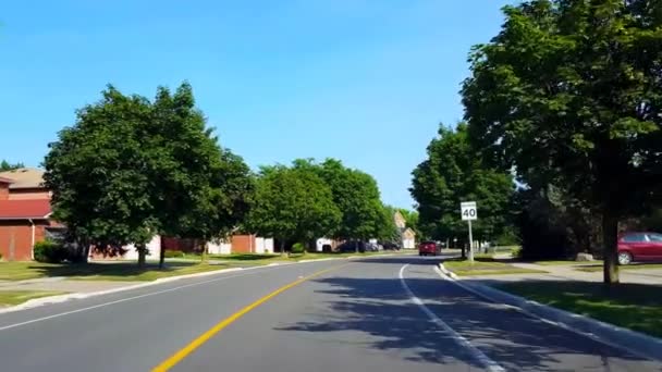 在夏季驾驶住宅城市道路与郁郁葱葱的树木 司机的观点波沿美丽的阳光郊区街 — 图库视频影像