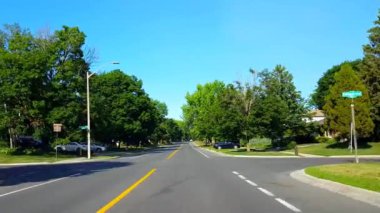 Yaz günü yemyeşil ağaçlarla konut şehir yolu sürüş. Güzel Sunny Suburban Street boyunca Bakış Pov Sürücü Noktası.