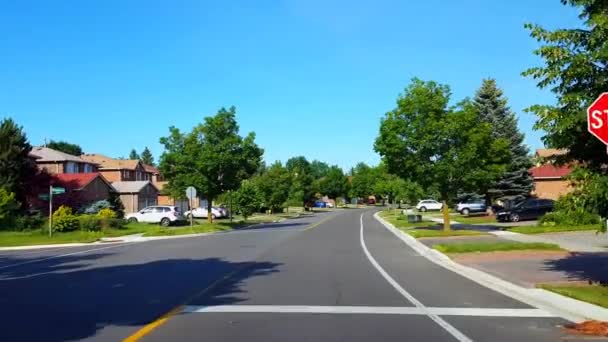 Conducción Aproximación Stop Sign Calle Residencial Ciudad Con Árboles Exuberantes — Vídeo de stock