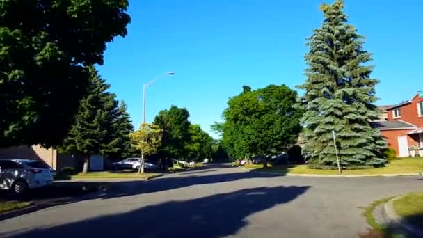 夏の日中に緑豊かな木々と住宅都市道路を運転 美しい日当たりの良い郊外通りに沿ってビューポブのドライバーポイント — ストック動画