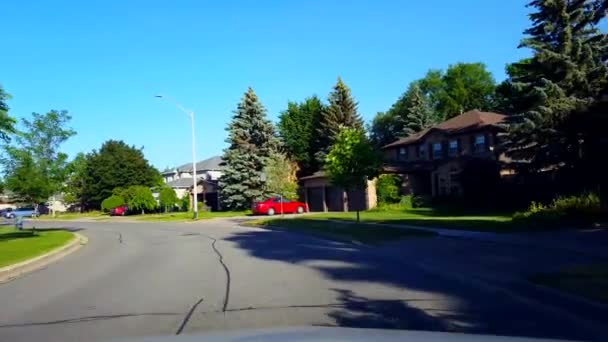 夏の日中に緑豊かな木々と住宅都市道路の曲がりくねった周りを運転 美しい日当たりの良い郊外通りに沿って回るビューポブのドライバーポイント — ストック動画