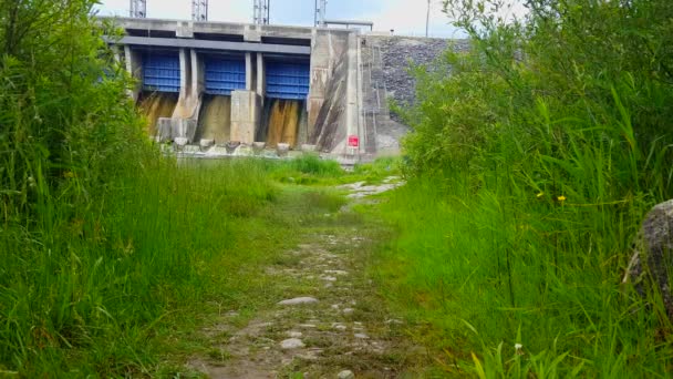 混凝土水坝与人流动水 大水坝景观 楼梯旁是郁郁葱葱的绿叶 — 图库视频影像