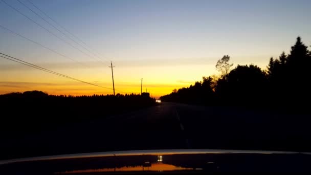 Rear View Back Car Driving Rural Countryside Road Sunset Sunrise — Stock Video