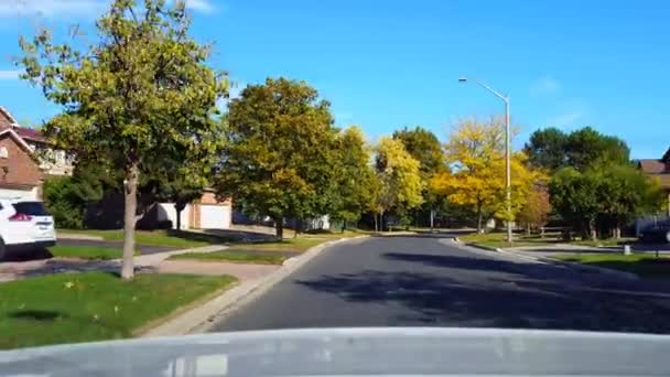 昼間の郊外道路沿いの車の運転の後ろからの眺め 郊外の通りに沿って車の後ろのビューポフの車のポイント明るい昼間の空 — ストック動画