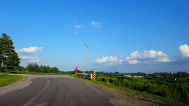 Driving Turning Road Bend Corner Zbliżamy Się Znaku Rural Stop — Wideo stockowe