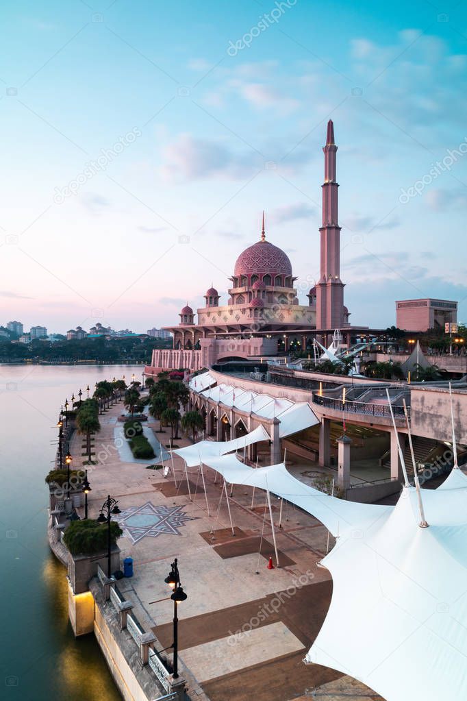 View of Putra Mosque during sunset. Portrait Orientation