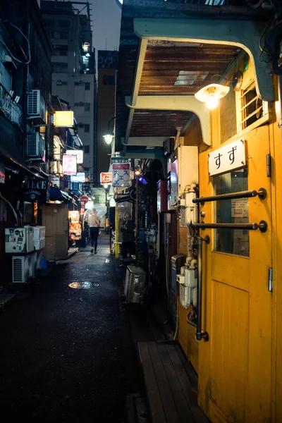 Golden Gai 'deki Alley, gece Shinjuku. Gün yağıyor. Dikey oryantasyon.